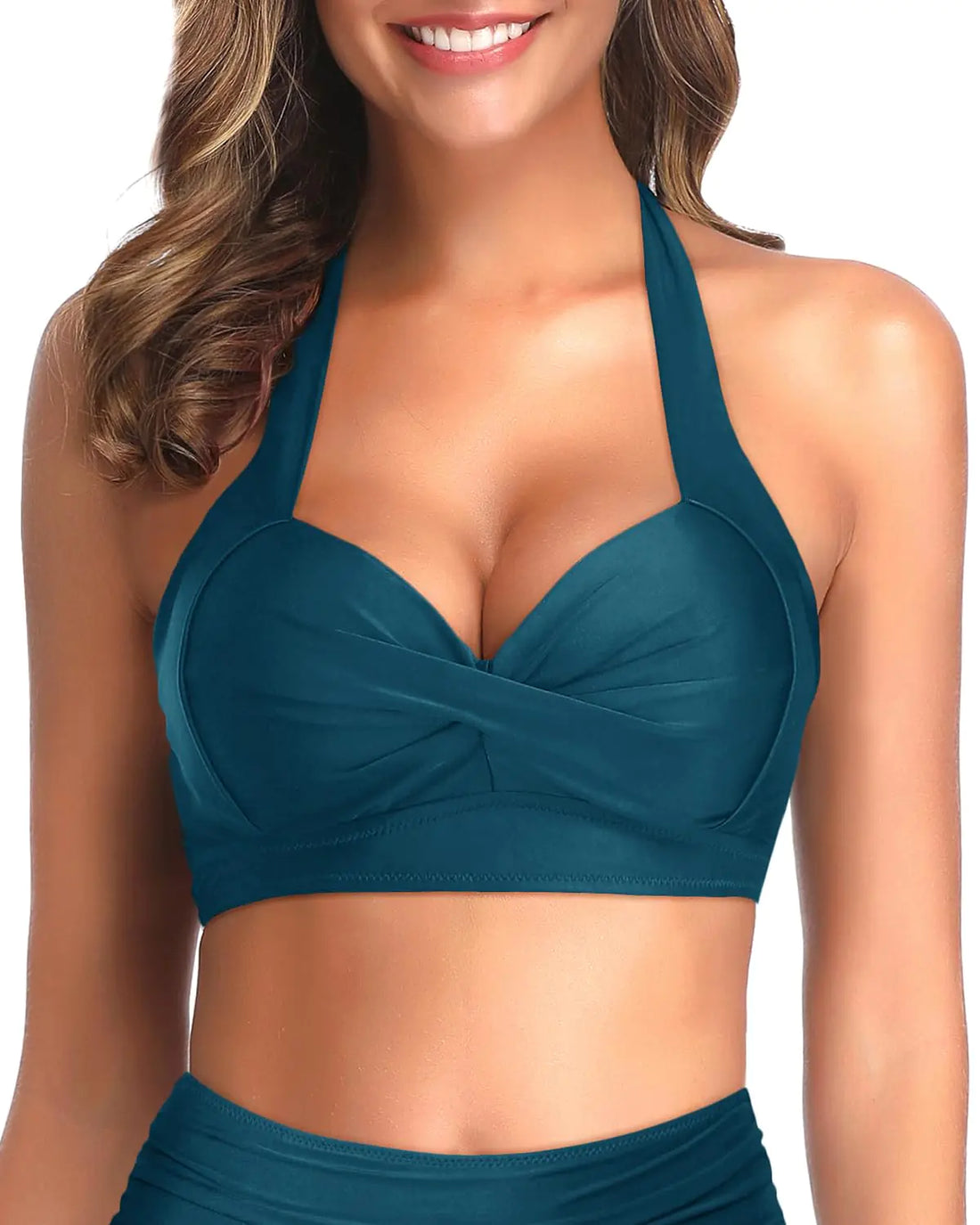 Tempt Me Women Blue Green Bikini Top Push Up Swim Top Halter Retro Bathing Suit Top Padded Swimsuit Top Only L
