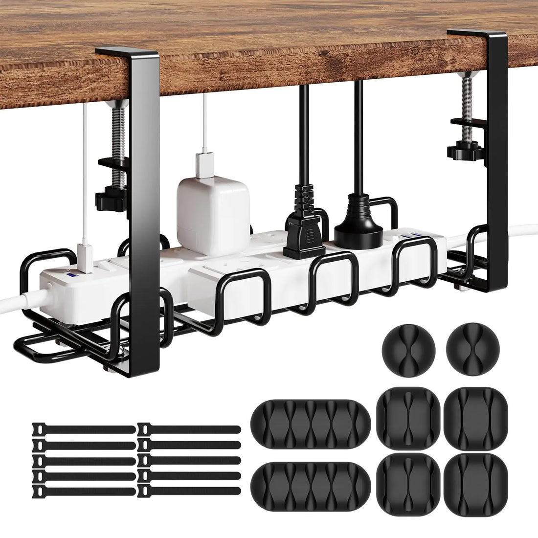 Under Desk Cable Management Tray - 4mm Sturdy Wire Organizer - No Drill Cord Organizer with Clamp for Cable Management - Standing Desk Accessories for Cable Home Office Organization