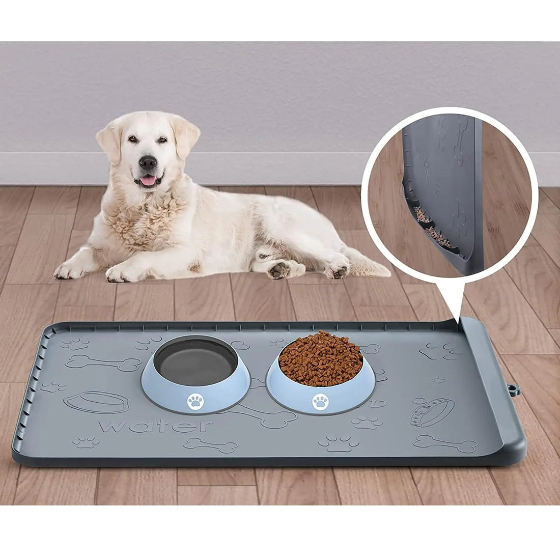 Silicone Pet Food Mat 36"x24" Dog Food Mats with Residue Collection Pocket Dog Bowl Mats for Food and Water Dog and Cat Feeding Mat with High Edge Placemats for Cats and Dogs Water Bowl