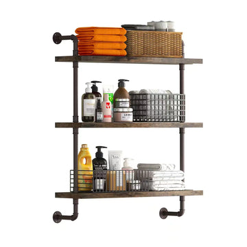 Helsin 3 Tier Industrial Pipe Shelf Rustic Wood Floating ShelvesWall Display BookshelfStorage Rack Sundries Holder for Kitchen Office Bathroom Organization and Home Decor (24inch)