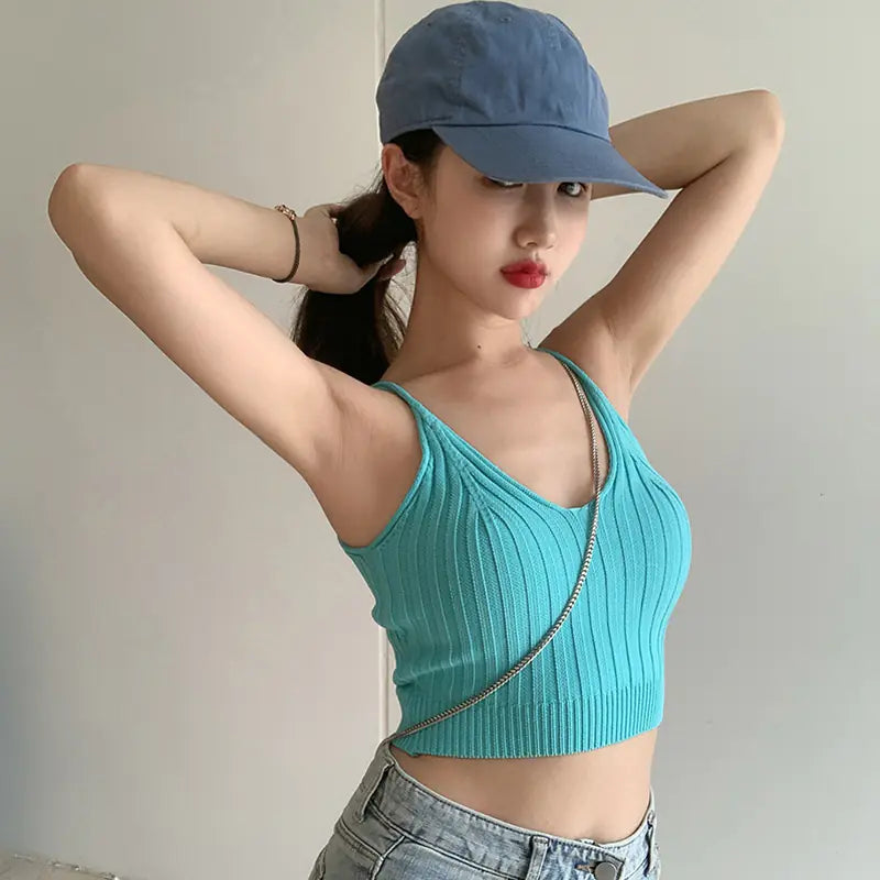 HyunA Style Women's Summer Knitted Crop Top Tank Top