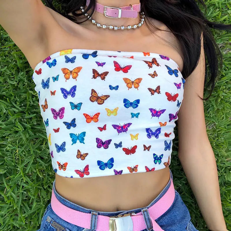 Off-Shoulder Butterfly Print Crop Top Tank Top