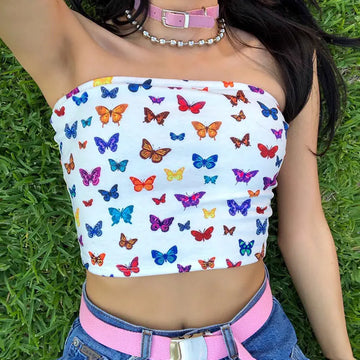 Off-Shoulder Butterfly Print Crop Top Tank Top