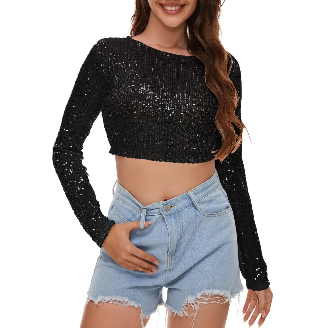 Sequin Crop Top Long Sleeve Sequin Top Sparkle Crop Top for Disco Rave Concert Black