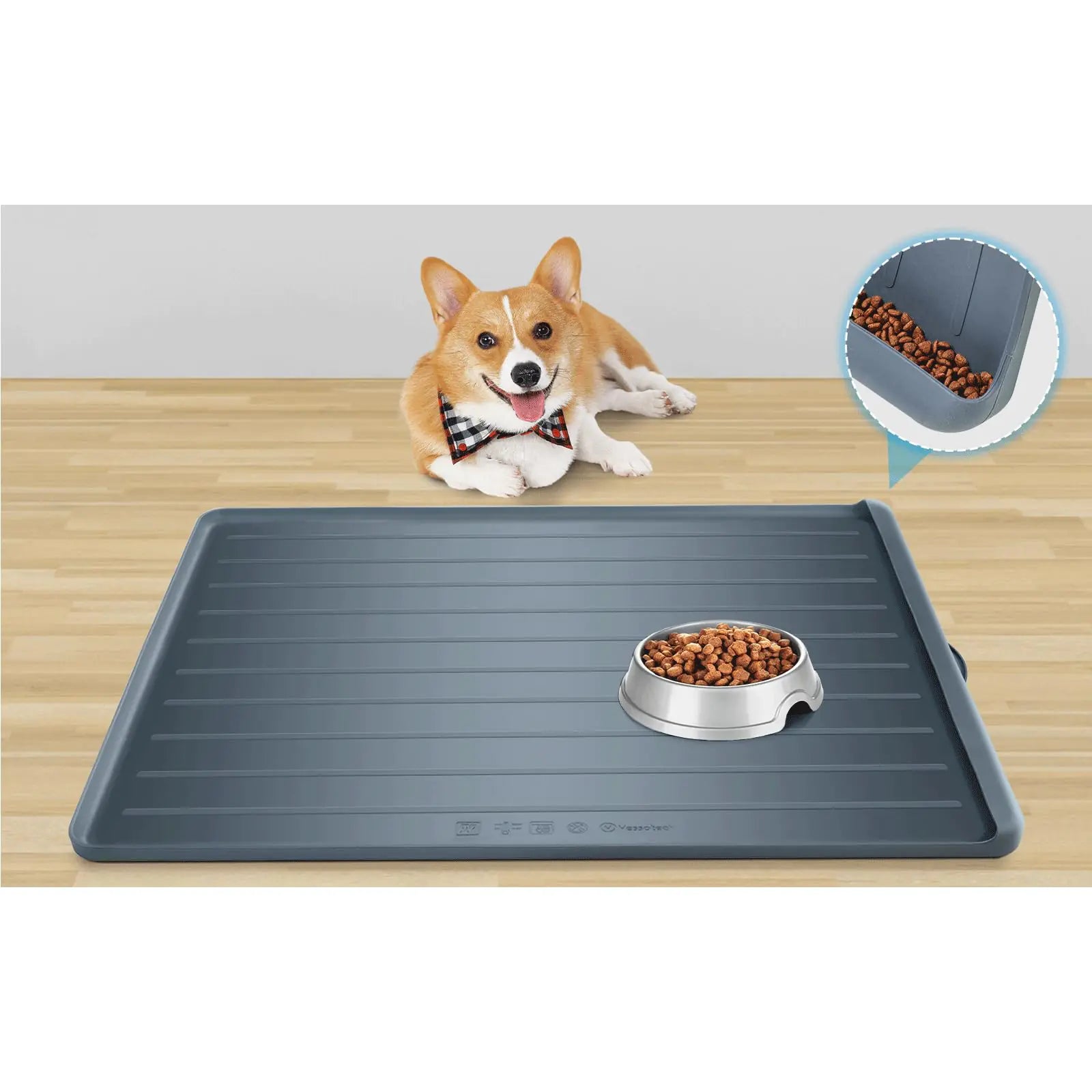 Dog Food Mat - 30"x20" Pet Food Mat with Residue Collection Pocket Dog Cat Feeding Mat for Floors Waterproof Silicone Dog Bowl Mat with High Edges to Prevent Water and Food Spills (Dark Grey)